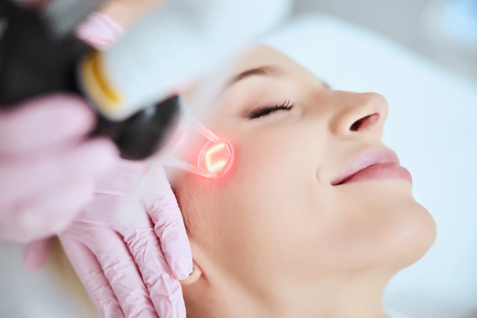 Gloved practitioner holds a laser handpiece against a woman's cheek while she lies with her eyes closed.
