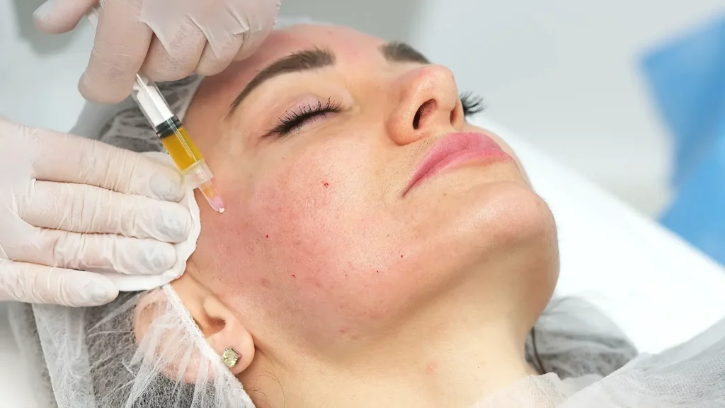 Gloved hands position a syringe with amber liquid against a woman's cheek during a facial procedure.