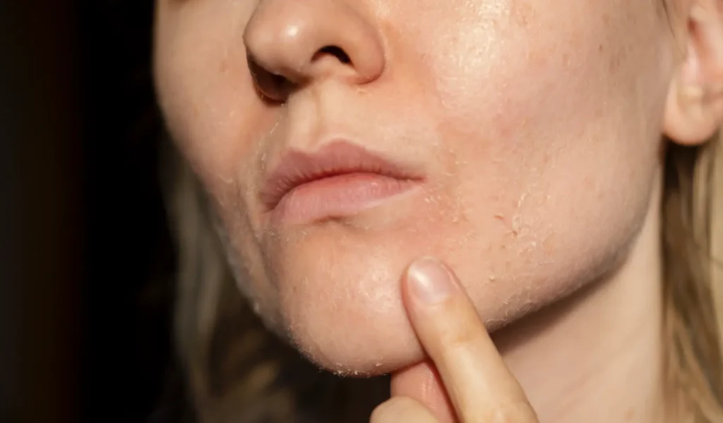 Close-up of a woman touching her chin while visible peeling and flaking appear across her cheek and lower face.