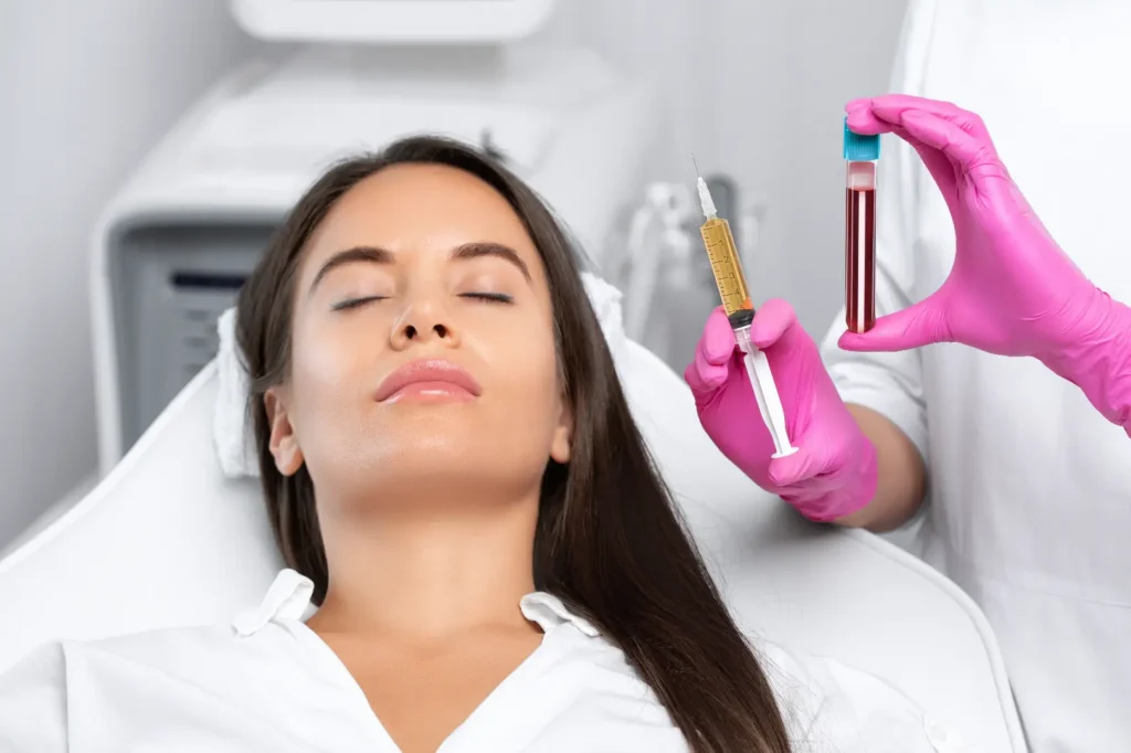 Woman reclines in a treatment chair while a clinician holds a syringe and blood-filled tube nearby.